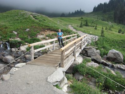 Catherine on the bridge over Myrtle Falls.