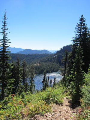 Path, lake, mountains.