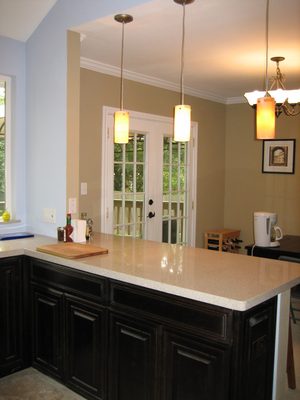 Pendant lights over the bar area