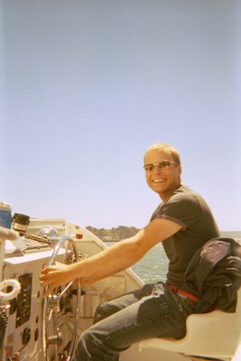 John tries driving our big sailboat to the Golden Gate Bridge.