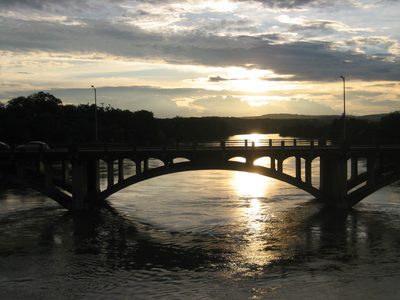 Sunset.  Lamar Street (car) bridge.  Town Lake.  Pretty.