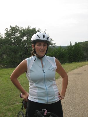 Catherine at the top of the biggest hill on the route...