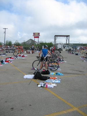 In T2, racking the bike and starting the run.