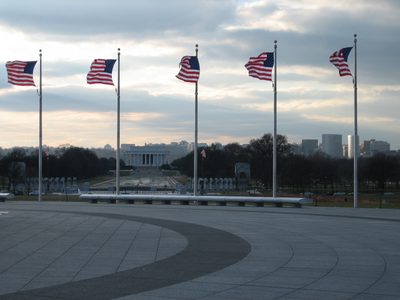 Flags blowing in the (very cold) wind and the Lincoln...