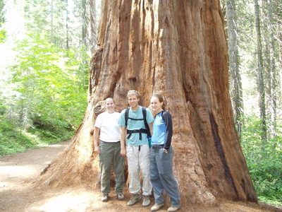 Catherine John and Rachel next to a big tree in the...