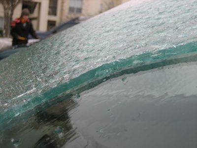 The ice sheet on the windshield.  Probably only a half...