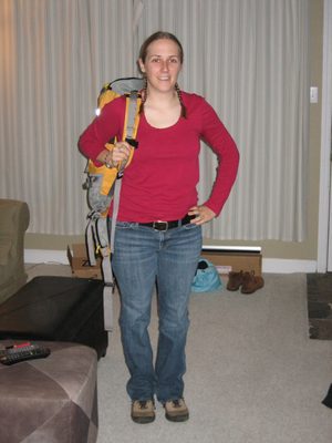 Catherine with bags packed, ready to go.  That backpack...