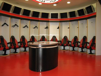 AC Milan locker room.  Note: leather shaped seats,...