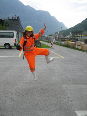 Maggie showing off our cool tunnel-visiting outfits (and...