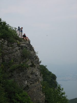 Sitting on a ledge overlooking the lake at false-finish...