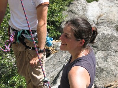 Sylvianne, ready to belay John for a second attempt.