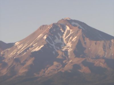 Close-up through the binocular camera of Mt. Shasta.