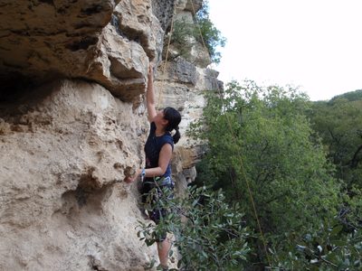 Monica below the second crux near the top of the route.