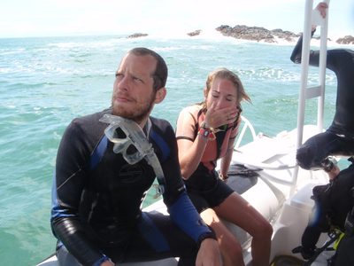 Back aboard our dive boat. Joel and Morgan.