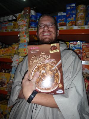 Joel buys coffee flavored cereal.