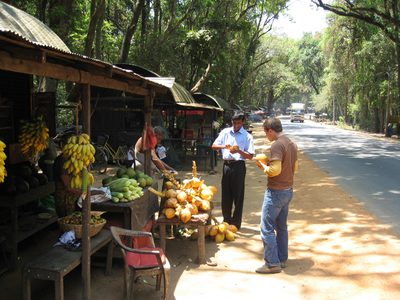 John trying a yellow coconut in Sri Lanka.
