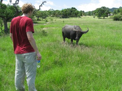 Trevor and a water buffalo have a staring contest on the...
