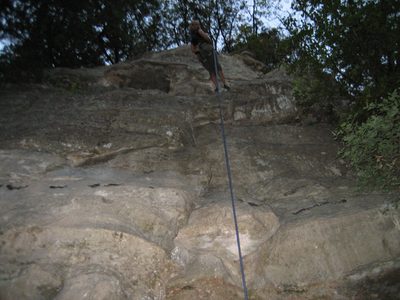 Catherine rapping after climbing the route (after many...