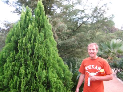 John in front of his favorite tree (a type of cyprus, perhaps?).