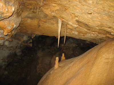 Two perfectly formed stalagtite and stalagmite pairs.