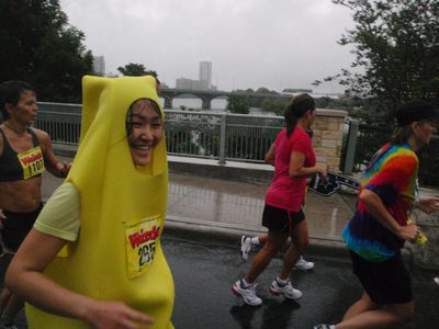 And we're off!  Monica and a very wet but also cute costume.