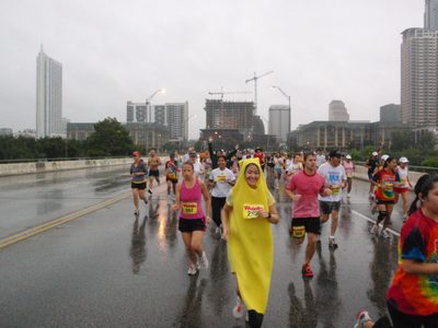 The banana runs across the First Street Bridge, with...