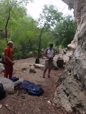 Jay unties after his first climb.
