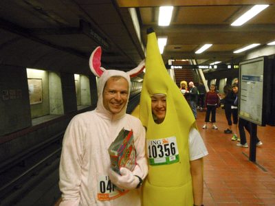 Waiting for our train to take us to the start of the race.
