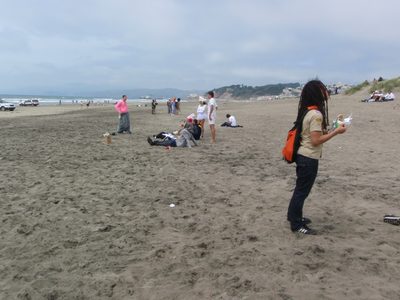 A typical cloudy foggy cold summer day at the beach.