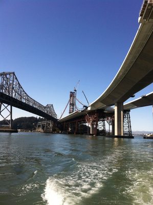 New skyway and old Bay Bridge.