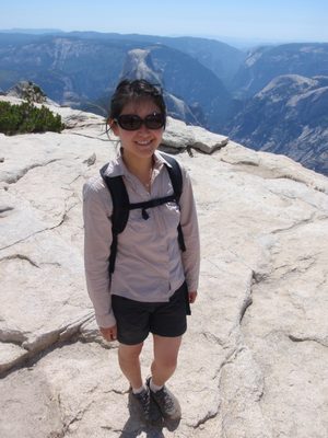 Monica wearing Half Dome as a hat.