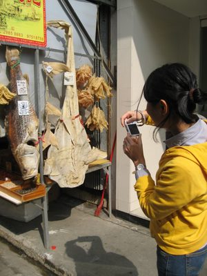 Min Li photographing a dried shark and some other large fish.