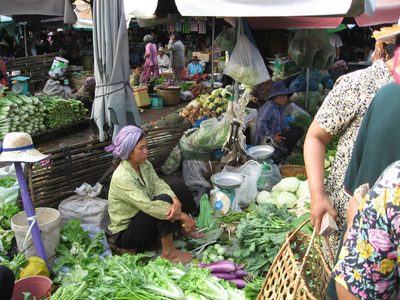 Woman selling vegetables at the Kampot market.