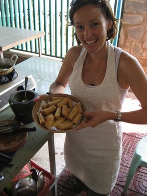 Louise shows off our creation: crispy spring rolls made...
