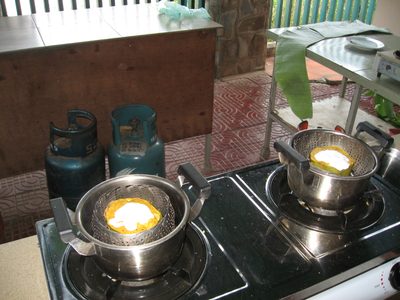 Fish amok dishes steaming away (they were cooked with a lid on).