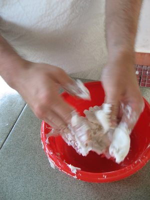 The dough starts to come together.