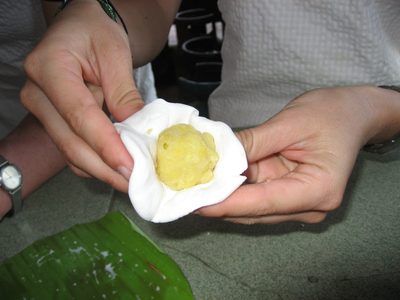 Mung bean paste goes inside the glutenous rice flour...