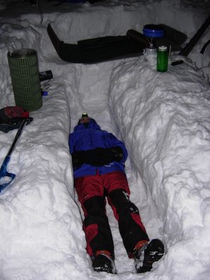 David, testing out his snow-bed.