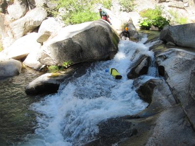 Yang and Joel try an advanced water slide.
