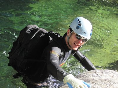 Vinnie, climbing back out of the water.