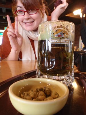 Cass at lunch on the wasabi farm with wasabi peas and a...