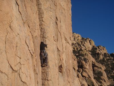 Monica climbing the aligator skin on the right side of...