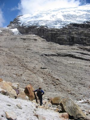 Rodrigo scouting a route through the boulder field.