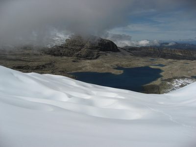 Looking back down the glacier at Laguna Granda and our...