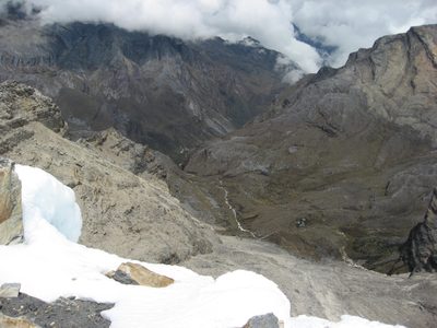 A river and greenery thousands of meters below to the east.