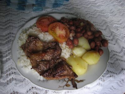 Meal upon returning to La Capilla.  Rice, meat,...