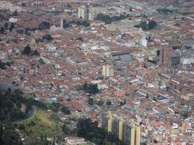 A zoomed-in shot of La Candelaria, the colonial...