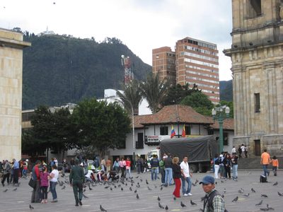 The gondola to Montserrat as viewed from Plaza de Bolivar.