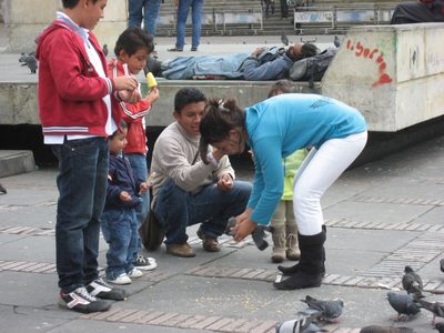 Kids playing with pigeons and eating food.  What could go wrong?