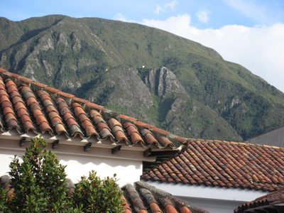 View of the Andes from the courtyard inside the Botero museum.